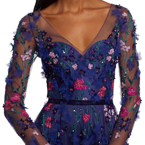 Blue silk Theia gown, appliquéd with handmade flowers, sz 10, Saks, never worn - Picture 7 of 10